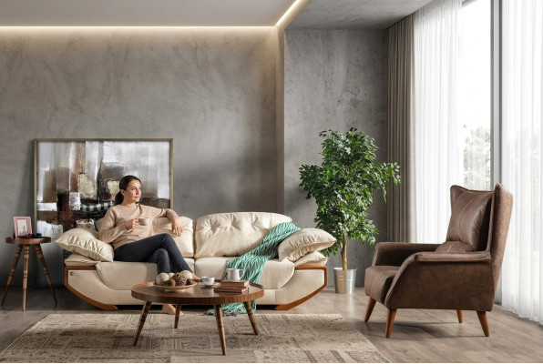 White-brown living room sofa set designer three-seater luxury armchair