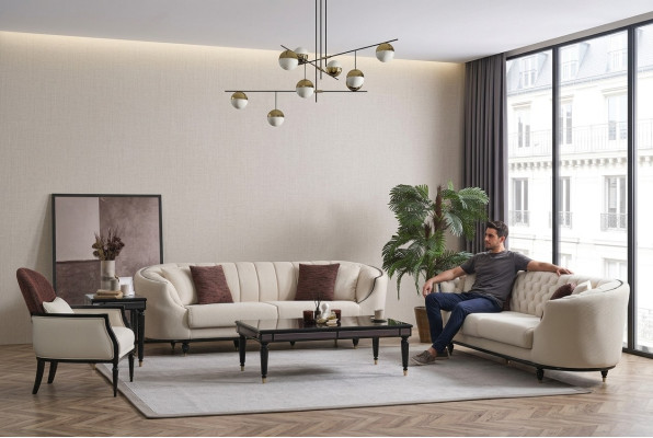 White Living Room Set Sofa Suite 3+3+1 Coffee Table Side Table 5-piece