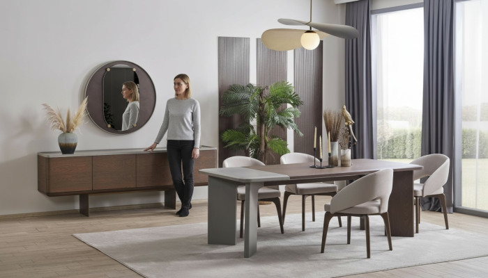 Large dining room set: designer dining table, 4x chairs, sideboard, mirror