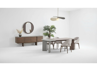 Large dining room set: designer dining table, 4x chairs, sideboard, mirror