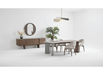 Large dining room set: designer dining table, 4x chairs, sideboard, mirror