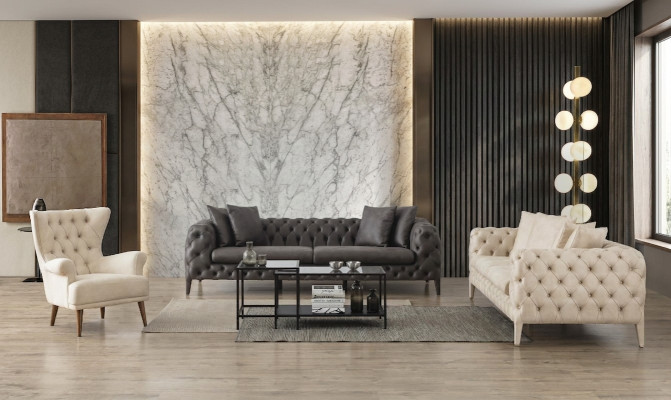 White-Grey Living Room Chesterfield Sofa Set 4+3 Seater Luxury Armchair