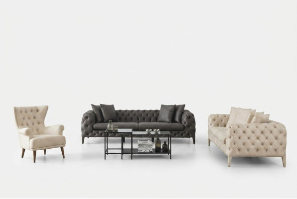 White-Grey Living Room Chesterfield Sofa Set 4+3 Seater Luxury Armchair