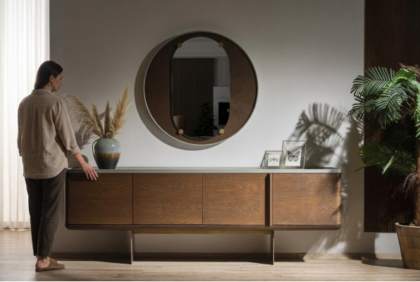 Brown sideboard modern wooden furniture luxury round mirror living room 2-piece set