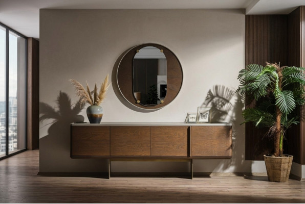 Brown sideboard modern wooden furniture luxury round mirror living room 2-piece set