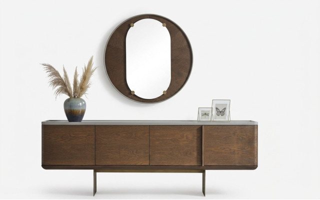 Brown sideboard modern wooden furniture luxury round mirror living room 2-piece set