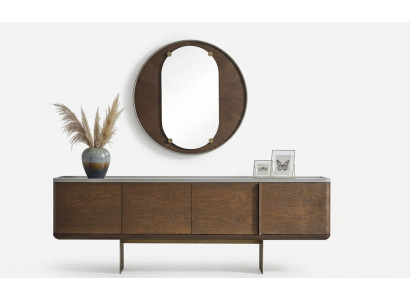 Brown sideboard modern wooden furniture luxury round mirror living room 2-piece set