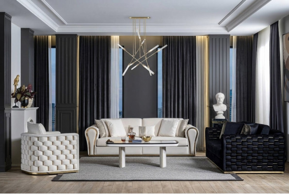Blue-Beige Living Room Set Luxury Sofa Suite 3+3+1 Seater Design Couch