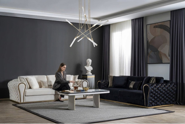 Black and white sofa set 3+3 designer seats luxury upholstery 2x sofas