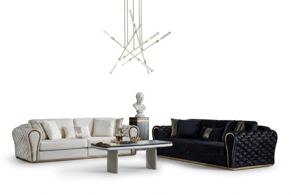 Black and white sofa set 3+3 designer seats luxury upholstery 2x sofas
