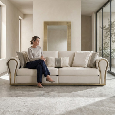 White three-seater designer upholstered sofa luxury 3-seater textile seating furniture