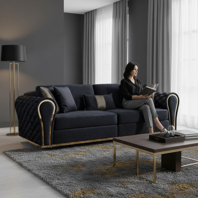 Stylish Black 3-Seater Luxury Living Room Sofa Upholstery
