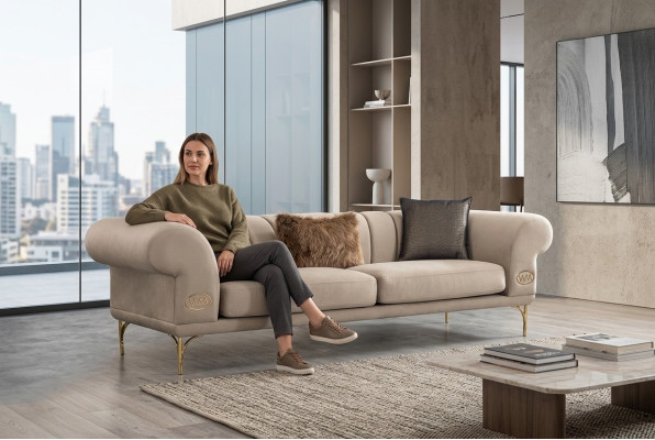 Beige three-seater luxury upholstered sofa living room seating furniture 3-seater new