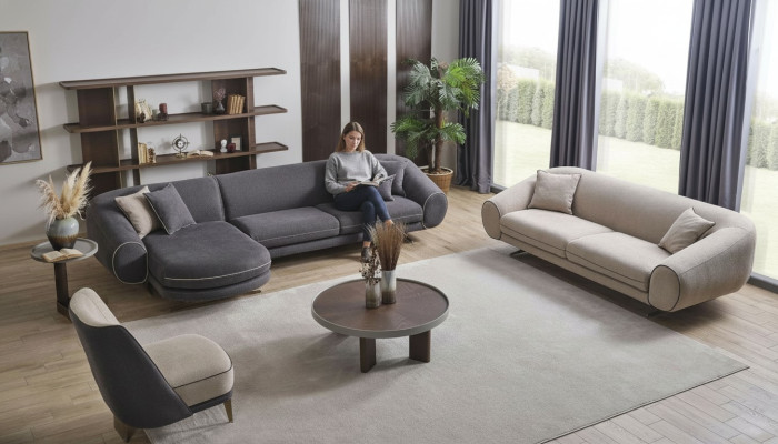 Modern living room set grey corner sofa L-shape 3-seater upholstered armchair