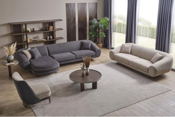 Modern living room set grey corner sofa L-shape 3-seater upholstered armchair