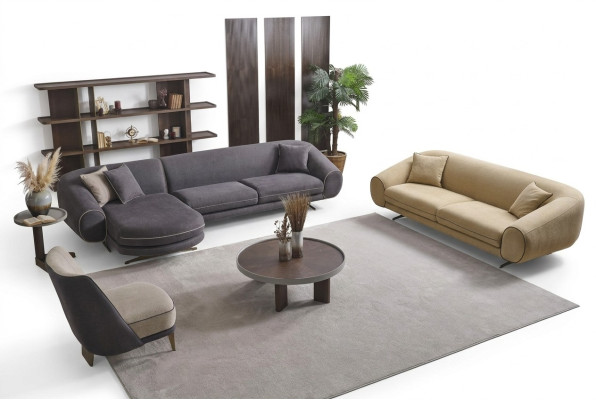 Modern living room set grey corner sofa L-shape 3-seater upholstered armchair
