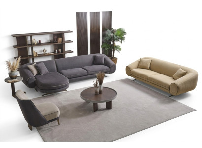 Modern living room set grey corner sofa L-shape 3-seater upholstered armchair