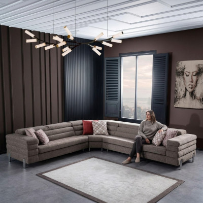Modern L-shaped beige corner sofa living room upholstered couches wooden frame
