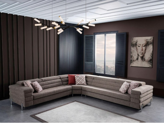 Modern L-shaped beige corner sofa living room upholstered couches wooden frame