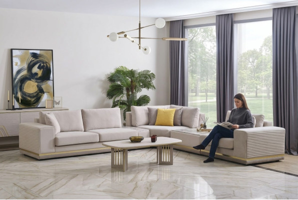 Living room light beige sectional sofa L-shape couch modern textile sofa furniture