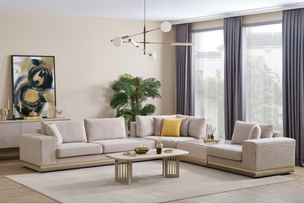 Living room light beige sectional sofa L-shape couch modern textile sofa furniture