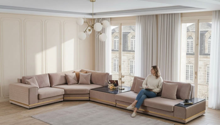 Beige L-shaped sofa stylish living landscape designer couch upholstered furniture