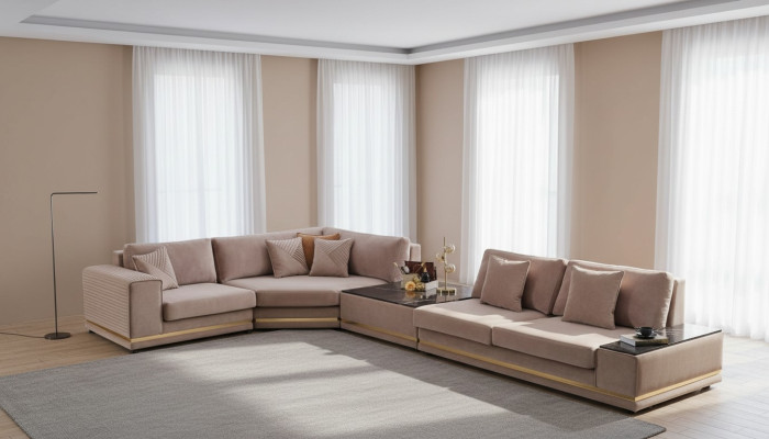 Beige L-shaped sofa stylish living landscape designer couch upholstered furniture