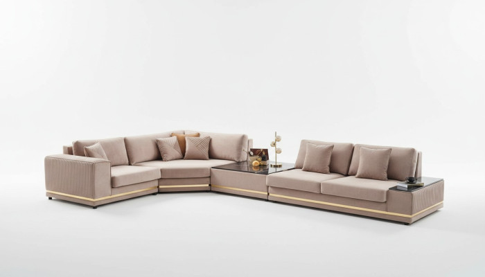 Beige L-shaped sofa stylish living landscape designer couch upholstered furniture