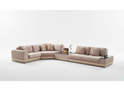 Beige L-shaped sofa stylish living landscape designer couch upholstered furniture