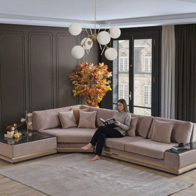 Beige L-shaped designer corner sofa upholstered living landscape luxurious sofa