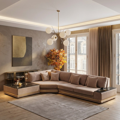 Beige L-shaped designer corner sofa upholstered living landscape luxurious sofa