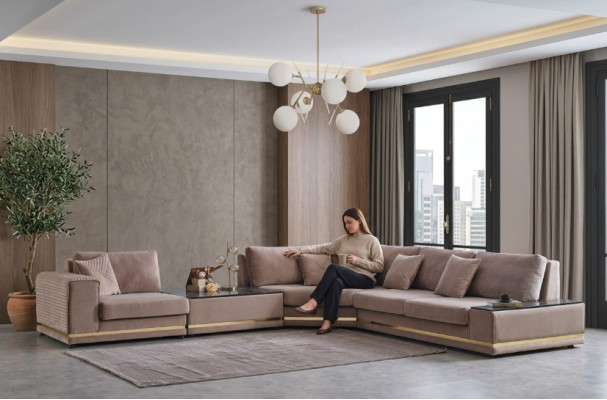 Beige L-shaped Living Area Designer Upholstered Sofa Stylish Couches New
