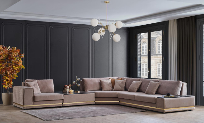 Beige L-shaped Living Area Designer Upholstered Sofa Stylish Couches New