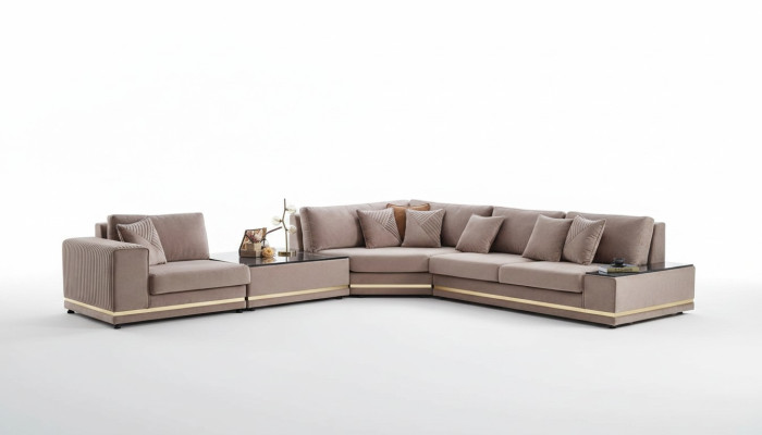 Beige L-shaped Living Area Designer Upholstered Sofa Stylish Couches New