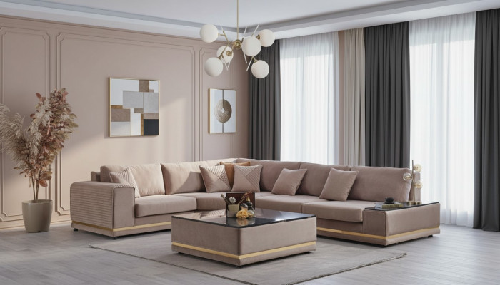 Beige Living Room Set Stylish L-Shape Living Landscape Designer Stool
