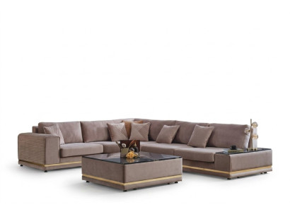 Beige Living Room Set Stylish L-Shape Living Landscape Designer Stool