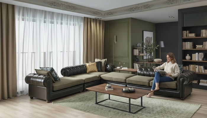 Green-black living room Chesterfield L-shaped sofa upholstery couches new