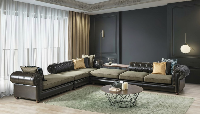 Green-black living room Chesterfield L-shaped sofa upholstery couches new