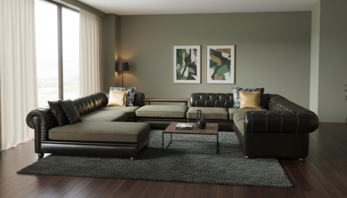 Black-green corner sofa U-shape upholstery living landscape relax luxury couch