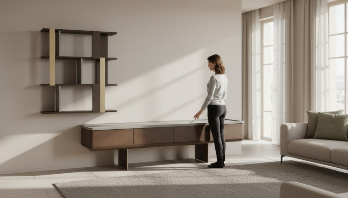 Brown living room set stable TV cabinet designer wood shelves