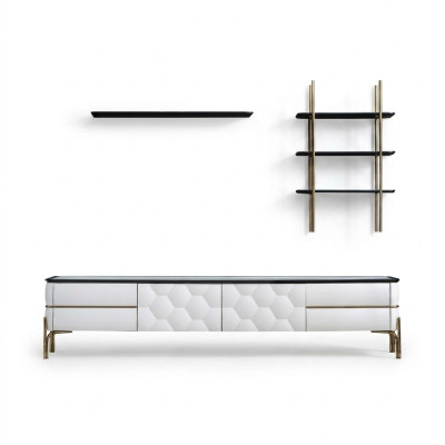 White TV Cabinet Designer 2x Shelves Living Room Stylish 3pc Set New