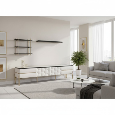 Modern white living room wall unit, practical TV cabinet, luxurious shelves 3-piece set