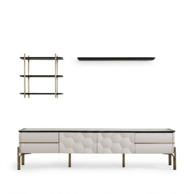Modern white living room wall unit, practical TV cabinet, luxurious shelves 3-piece set