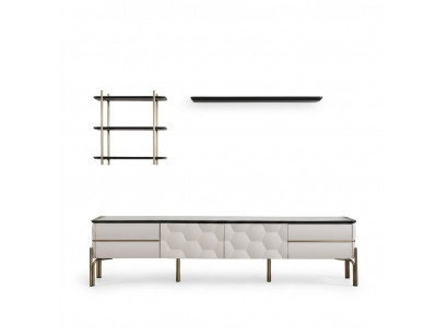 Modern white living room wall unit, practical TV cabinet, luxurious shelves 3-piece set