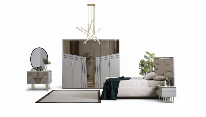 Modern bedroom set luxury bed 2x nightstands wardrobe 6-piece.