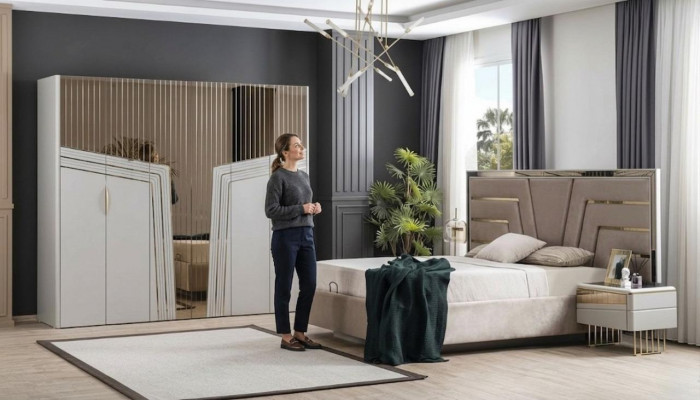 Modern bedroom set designer bed 2x nightstands wardrobe