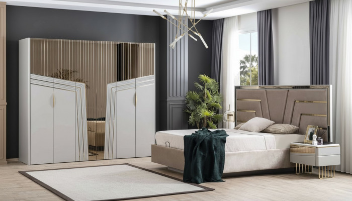 Modern bedroom set designer bed 2x nightstands wardrobe