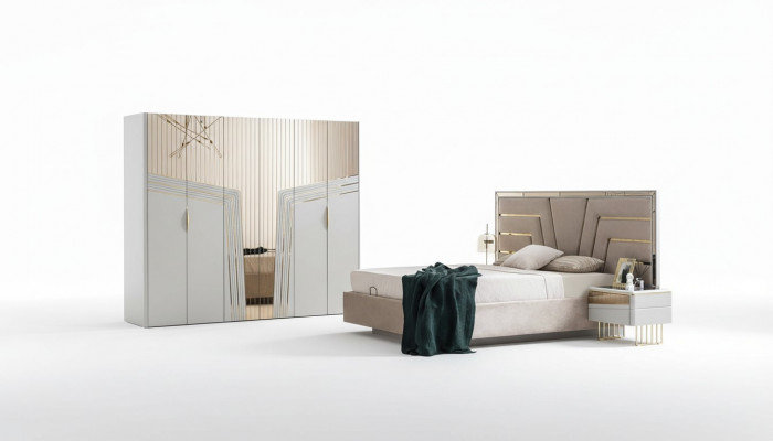 Modern bedroom set designer bed 2x nightstands wardrobe