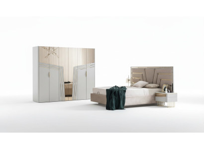 Modern bedroom set designer bed 2x nightstands wardrobe