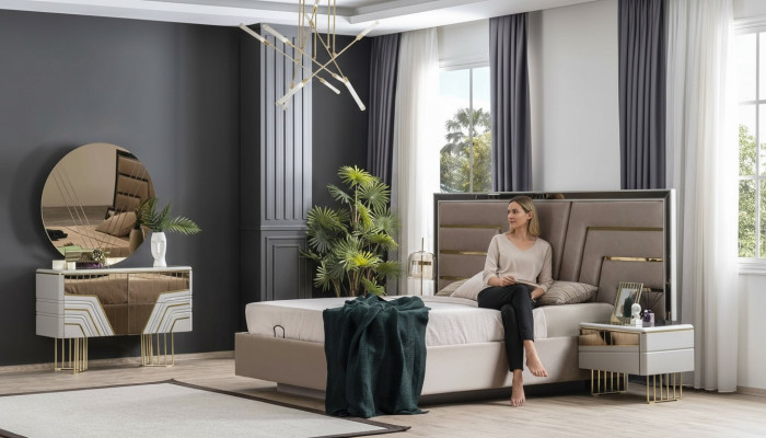 Bedroom set bed 2x nightstands chest of drawers mirror luxury set 5-piece.